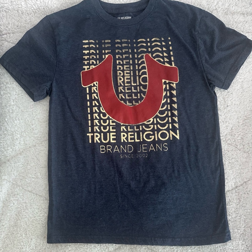 True Religion Men's Dark Blue Tee with Red and Gold Logo